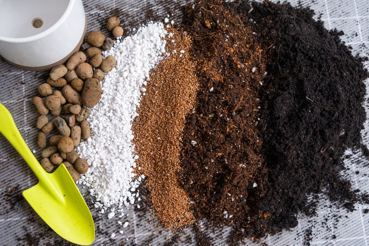 Organic soil amendments including various natural materials and rich potting mixes for healthy garden soil