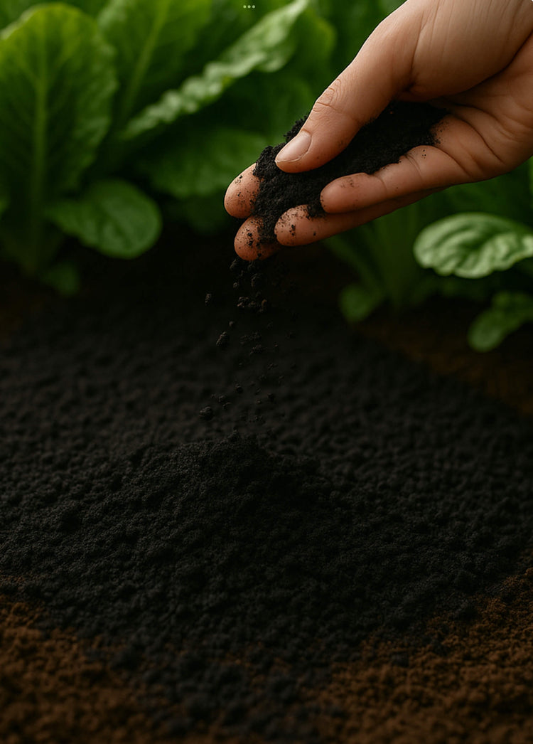 Hand holding rich black organic worm castings with green leafy plants in the background for gardening