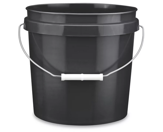 Black plastic bucket with metal handle and white grip from Bloom and Garden