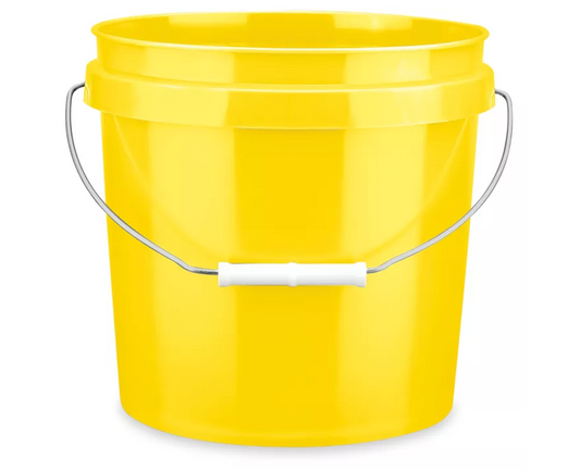 Yellow plastic bucket with metal handle for BioCarbon worm bedding by Bloom and Garden